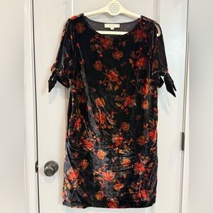 LOFT Black Velvet Dress with Red Floral Design